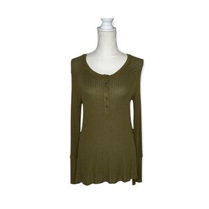 JANE AND DELANCEY Olive Green Waffle Knit Baby Doll Top M NWT